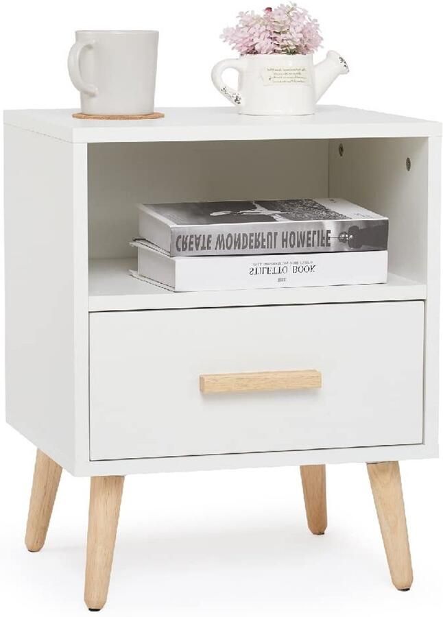 Nachtkastje met lade en open vak 40 x 30 x 51 cm hout modern design wit slaapkamer woonkamer Nachtkastje