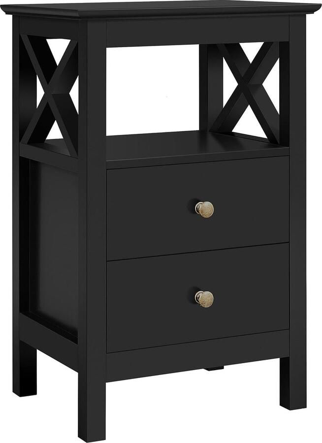 Nachtkastje moderne bijzettafel met 2 laden en 1 open opbergvak X-vormige steun stabiele opbergtafel nachtkastje voor slaapkamer zwart