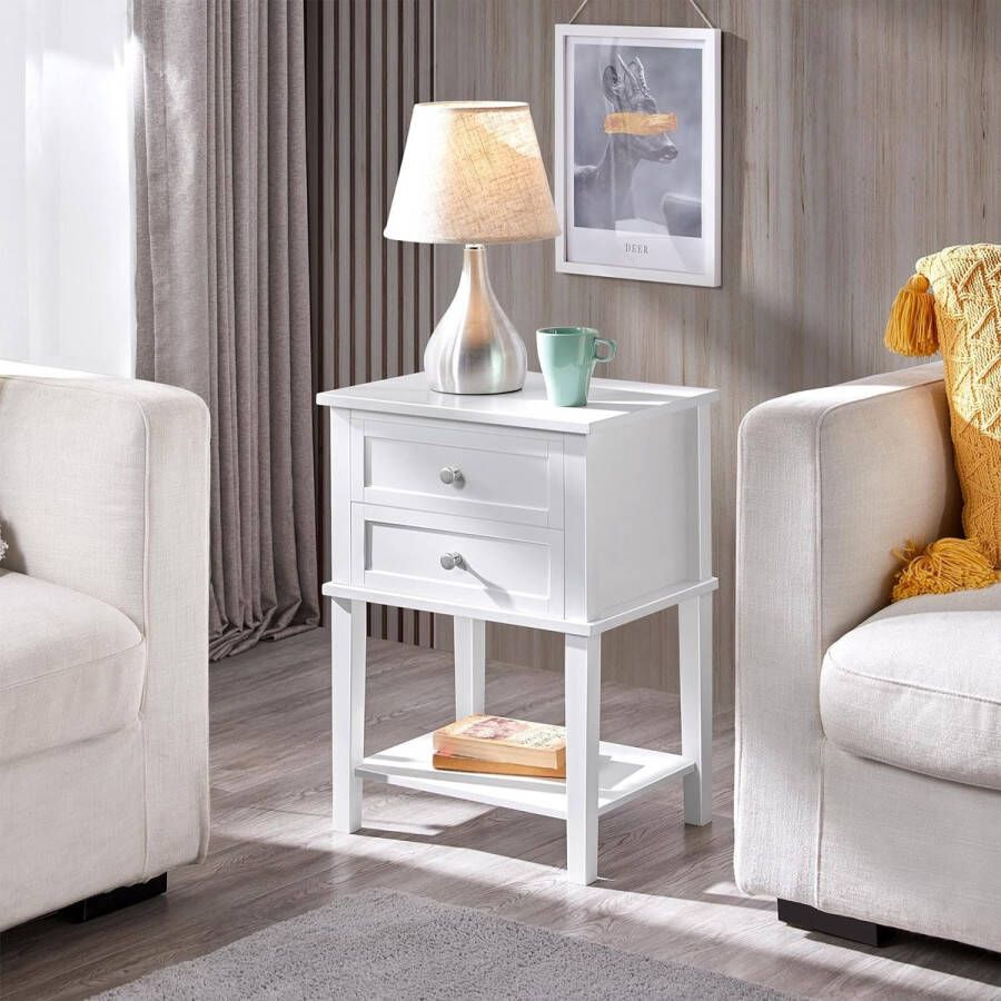 Nachtkastje nachtcommode bijzettafel met laden en plank nachtkastje slaapkamer woonkamer eenvoudige montage hout Scandinavisch design wit