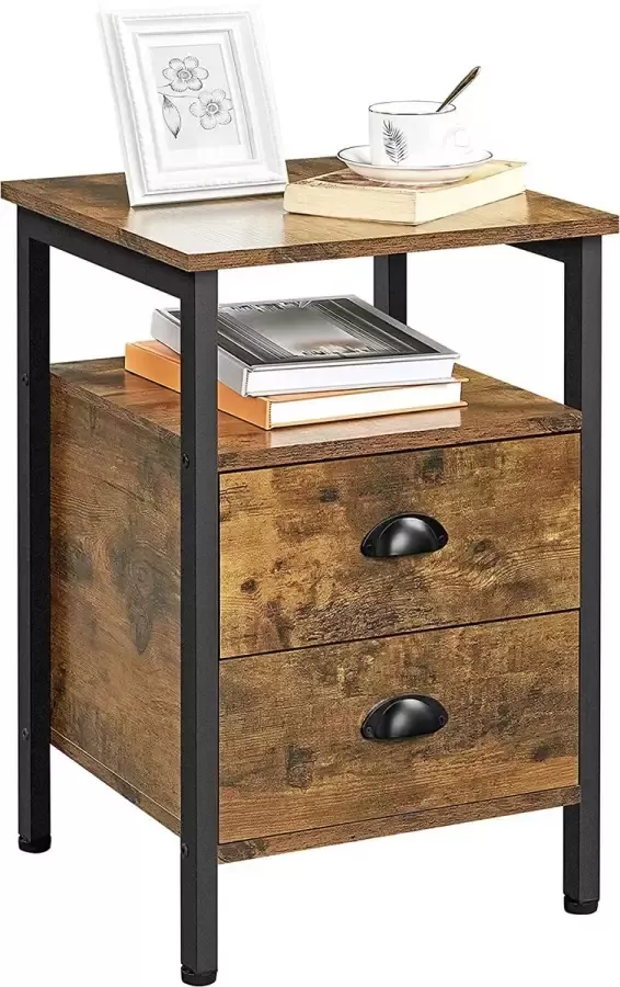 Nachtkastje nachtcommode bijzettafel nachtkastje met laden en plank rustieke houtlook accentmeubels metalen poten stabiel industrieel design