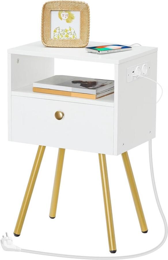 Retadou Nachtkastje nachtkastjes met laadstation bijzettafel met lade en open vak sofatafel 28 x 38 x 60 bijzettafel voor slaapkamer wit en goud