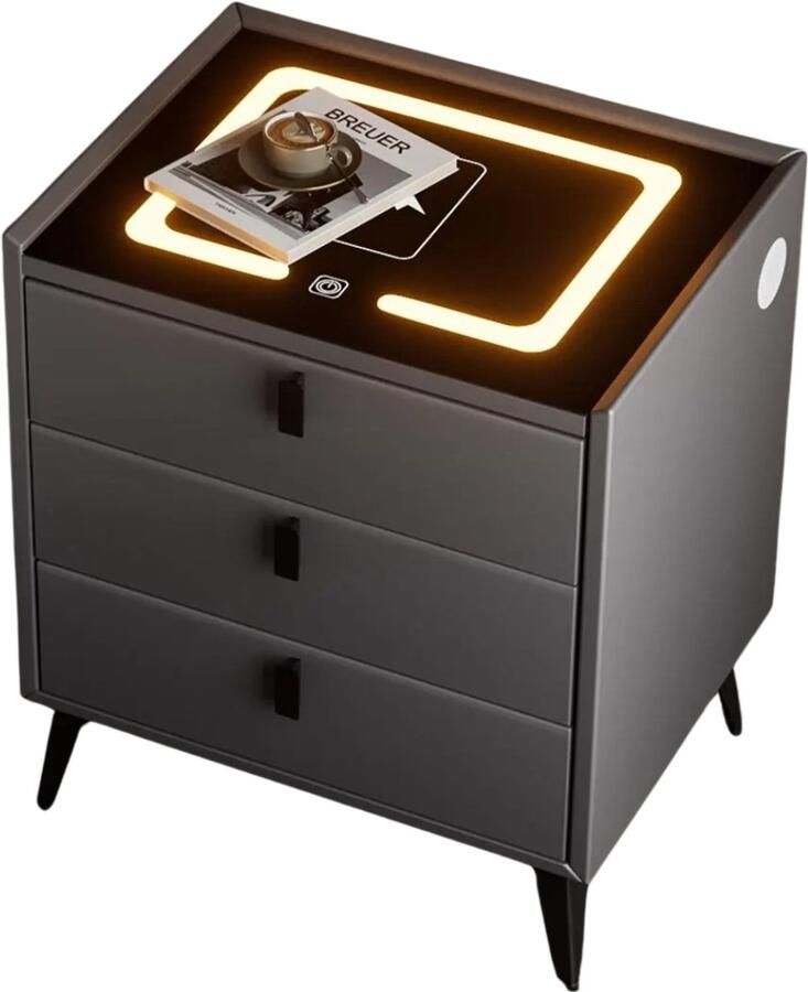 Nachtkastje Nachtkastjes Modern Nachtkastje Hout Draadloos Opladen LED-verlichting 40 × 62 × 33 cm Grijs