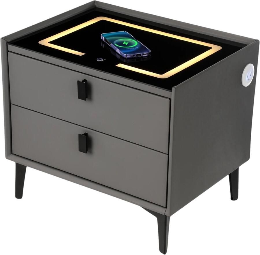 Nachtkastje Nachtkastjes Modern Nachtkastje Hout Draadloos Opladen LED-verlichting 50 x 40 x 45 cm Grijs