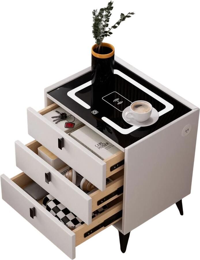 Nachtkastje Nachtkastjes Modern Nachtkastje Hout Draadloos Opladen LED-verlichting 50 x 40 x 45 cm Wit