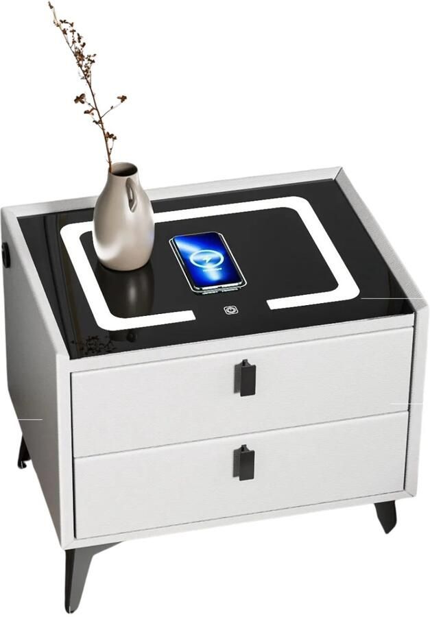 Nachtkastje Nachtkastjes Modern Nachtkastje Hout Draadloos Opladen LED-verlichting 50 x 40 x 62 cm- Wit