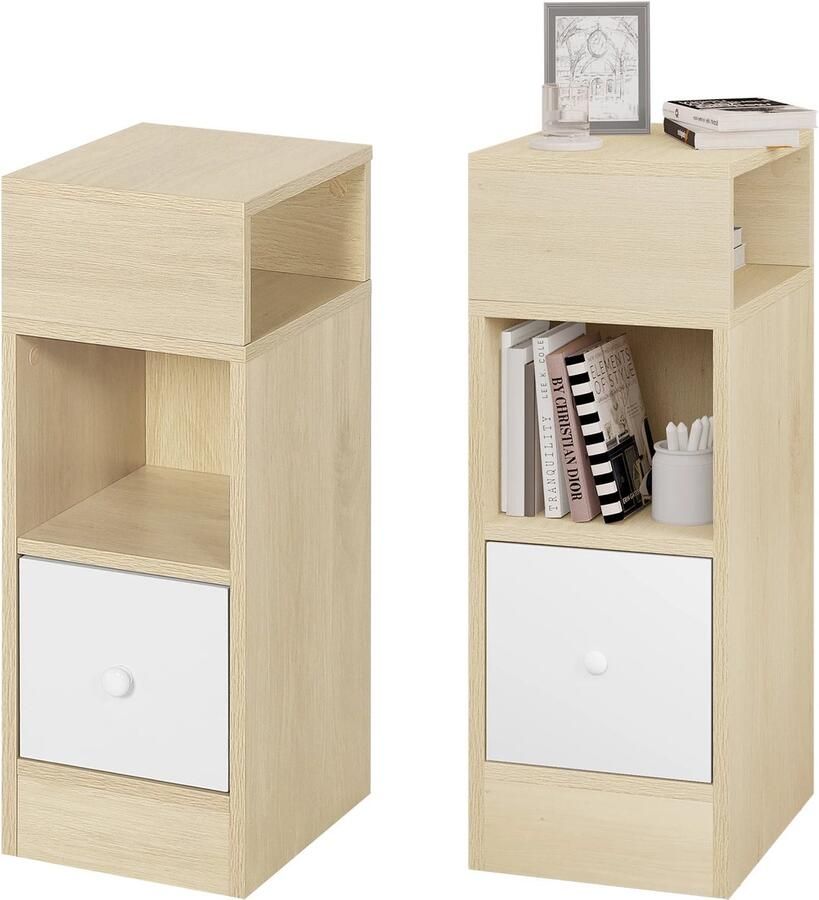 Merkloos Nachtkastje Nachtkastjes Modern Nachtkastjes Set van 2 25x66x30cm Open Planken 1 Lade Slank Klein Opbergkastje Nachtkastje Ruimte Licht Eiken