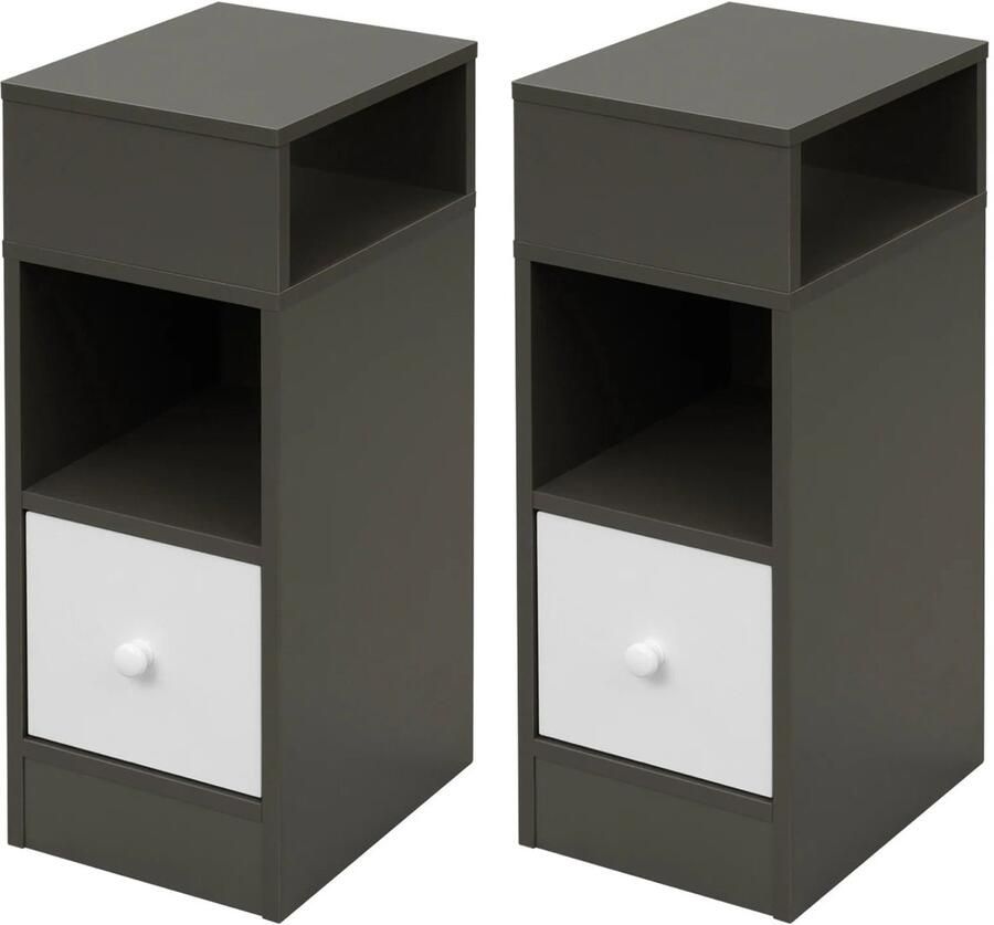 Corenia Nachtkastje Nachtkastjes Set van 2 Nachtkastjes Modern 2 Open Planken 1 Lade 25x66x30cm Slank Klein Opbergkastje Nachtkastje Ruimte Donkergrijs