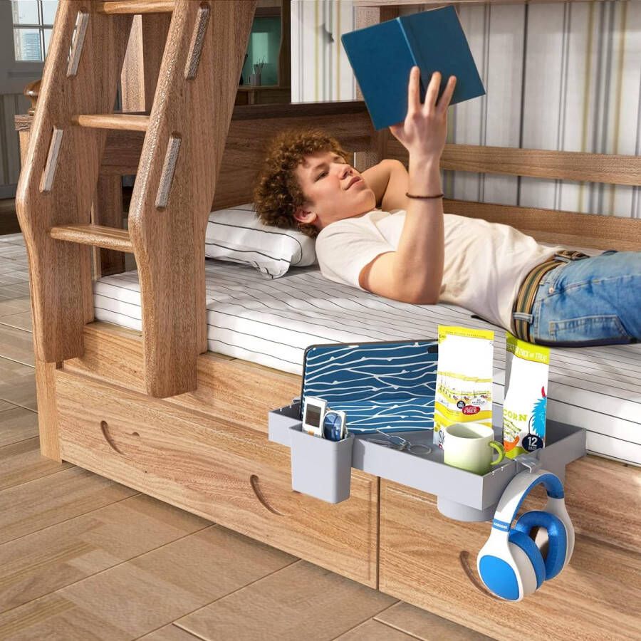 Nachtkastje Plank voor Bed Opvouwbaar Stapelbed Plankje Clip Op Nachtkastje College Slaapkamerkastje Caddy met Kop & Snoer Houder voor Bovenste Stapelbed Organisator Slaapkamer Nachtkastje Grijs