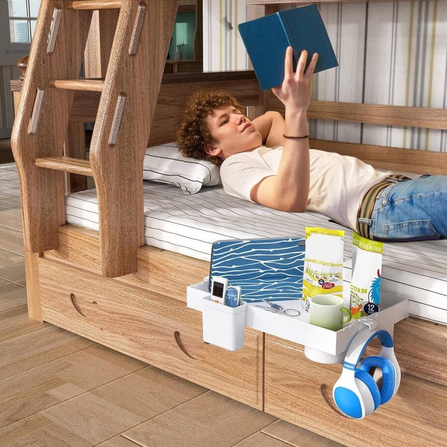 Nachtkastje Plank voor Bed Opvouwbaar Stapelbed Plankje Clip Op Nachtkastje College Slaapkamerkastje Caddy met Kop & Snoer Houder voor Bovenste Stapelbed Organisator Slaapkamer Nachtkastje Wit