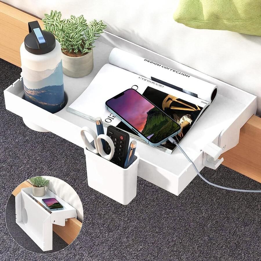 Nachtkastje Plank voor Bed Opvouwbaar Stapelbed Plankje Clip Op Nachtkastje College Slaapkamerkastje Caddy met Kop & Snoer Houder voor Bovenste Stapelbed Organisator Slaapkamer Nachtkastje White Opbergmogelijkheden Beside shelf