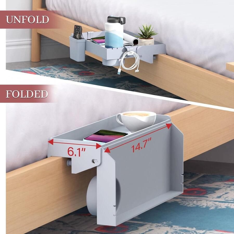 Nachtkastje Plank voor Bed Opvouwbaar Stapelbed Plankje Clip Op Nachtkastje College Slaapkamerkastje Caddy met Kop & Snoer Houder voor Bovenste Stapelbed Organisator Slaapkamer Nachtkastje Grijs