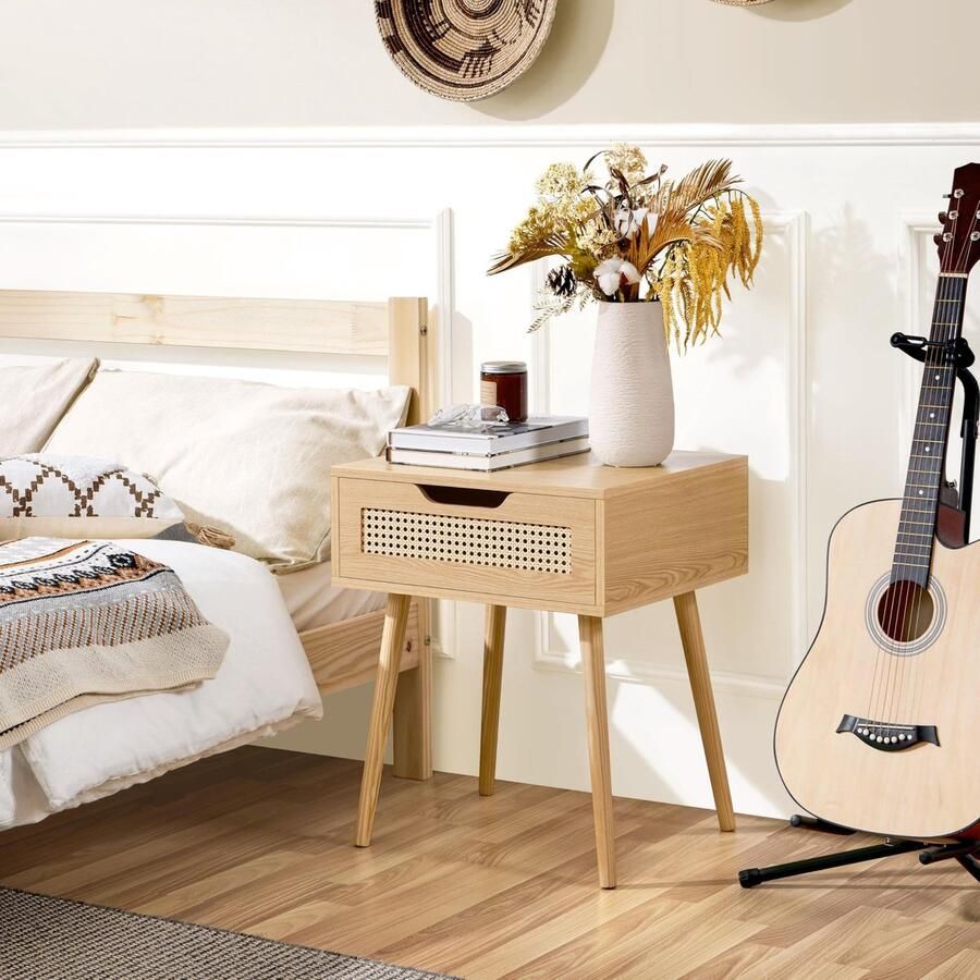 Nachtkastje ratten bijzettafel nachtkastje met 1 lade houten poten sofatafel eenvoudig nachtkastje voor woonkamer slaapkamer lichtbruin