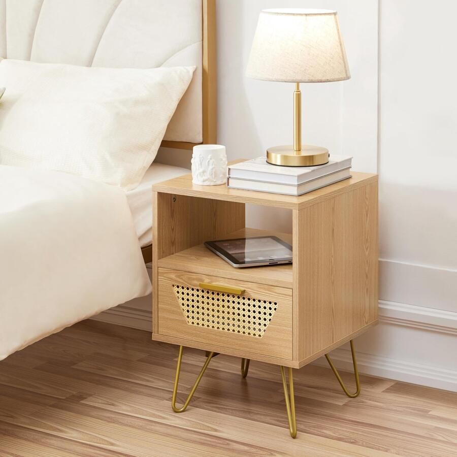Nachtkastje ratten lade nachtkastje voor boxspringbed nachtkastje met 1 lade en 1 open opbergvak metalen poten bijzettafel 40 × 40 × 55 cm lichtbruin