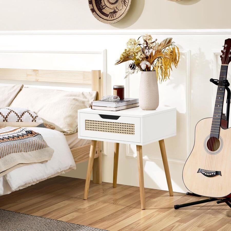 Nachtkastje ratten nachtkastje met 1 lade houten poten nachtkastje bijzettafel moderne salontafel nachtkastje voor woonkamer slaapkamer wit