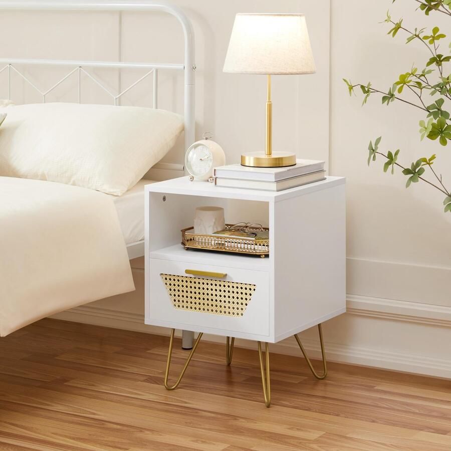 Nachtkastje rotan bijzettafel met 1 lade en 1 open opbergvak nachtkastje metalen poten nachtkastje voor boxspringbed 40 × 40 × 55 cm wit