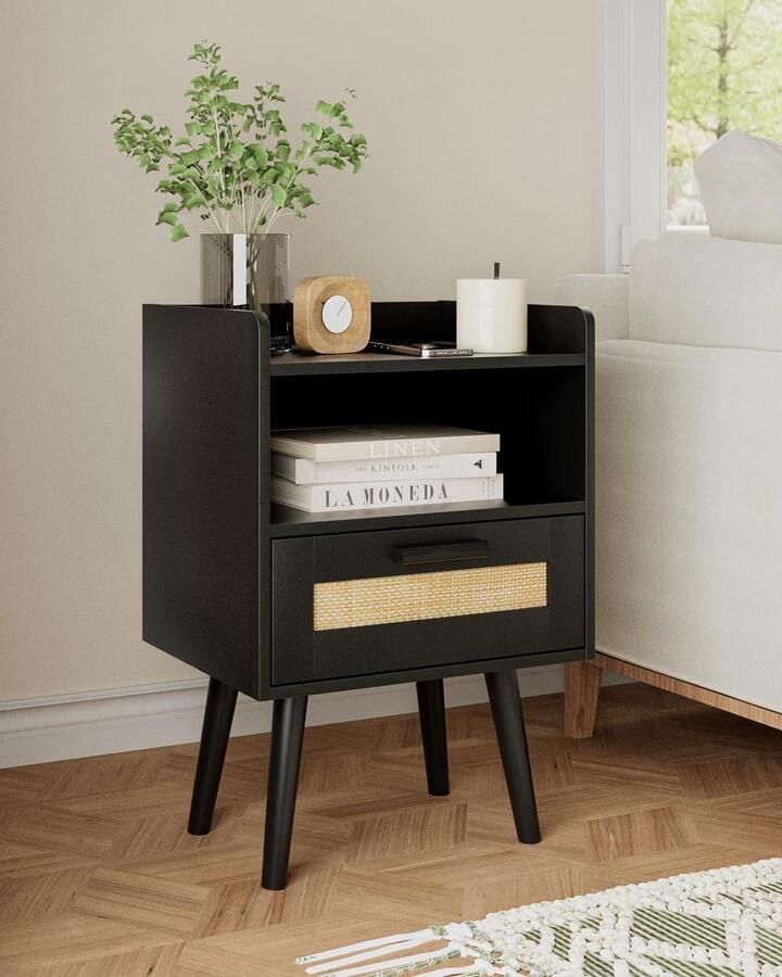 Nachtkastje rotan bijzettafel met lade nachtkastje met houten poten voor slaapkamer woonkamer (zwart)