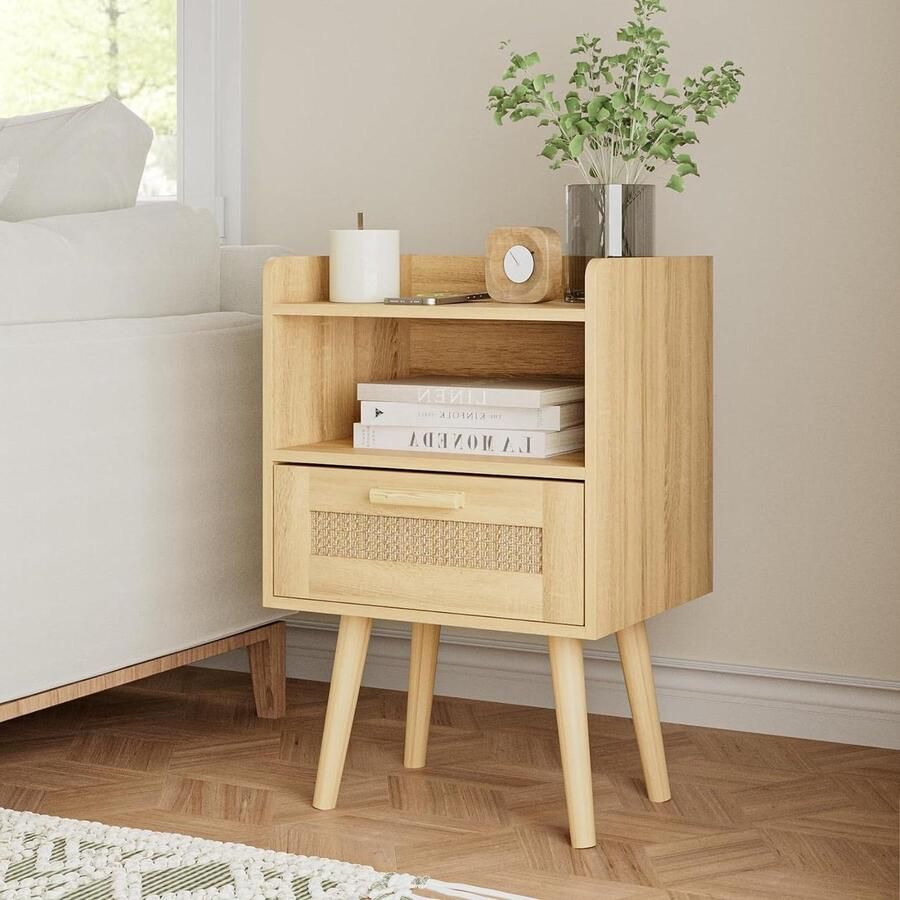 Nachtkastje rotan handgemaakt opbergruimte slaapkamer woonkamer (geel)