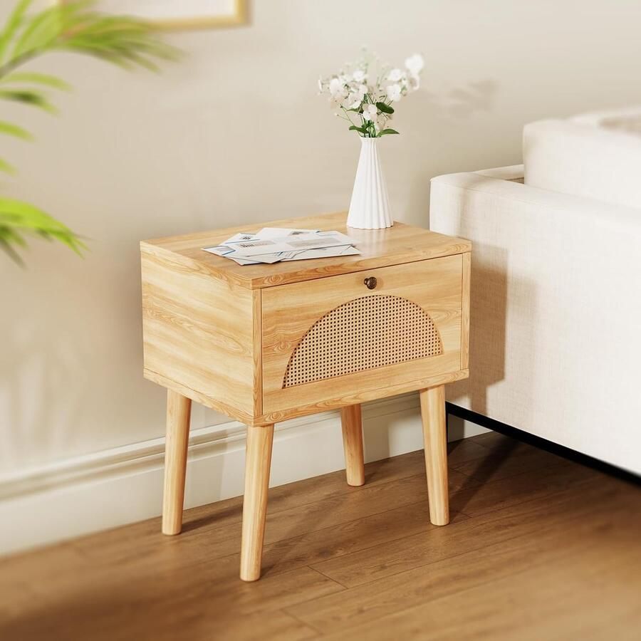 Nachtkastje rotan nachtkastje eenvoudig design grote opbergruimte poten van massief hout geschikt voor slaapkamer woonkamer klein en exquise (60 x 30 x 40 cm)