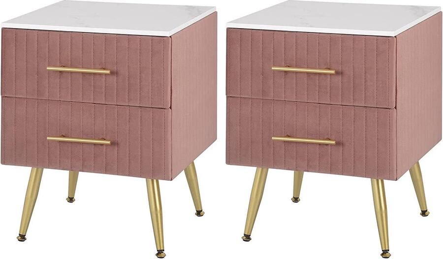 Rootz Living Rootz Nachtkastje Roze Fluweel Elegant Design 40 5 cm x 51 cm x 41 cm Marmeren blad Voorgemonteerd