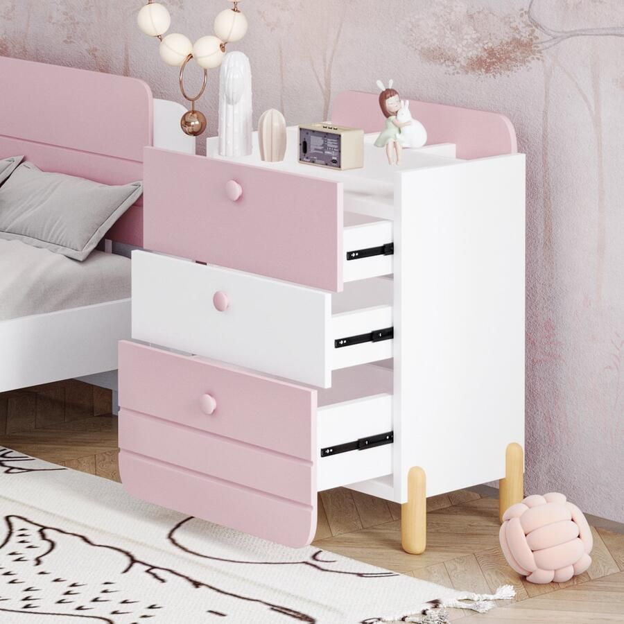 Gutent Nachtkastje Roze met 3 Laden en Legplanken Geruisloos lade-ontwerp Houtkleurige poten Opbergruimte