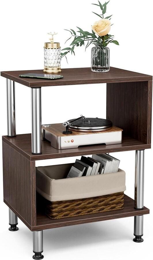 Nachtkastje S-vorm wit Italiaans marmeren laminaat 40x30x54 cm grote opbergruimte salontafel-koffietafel houten tafel walnoot Bijzettafel