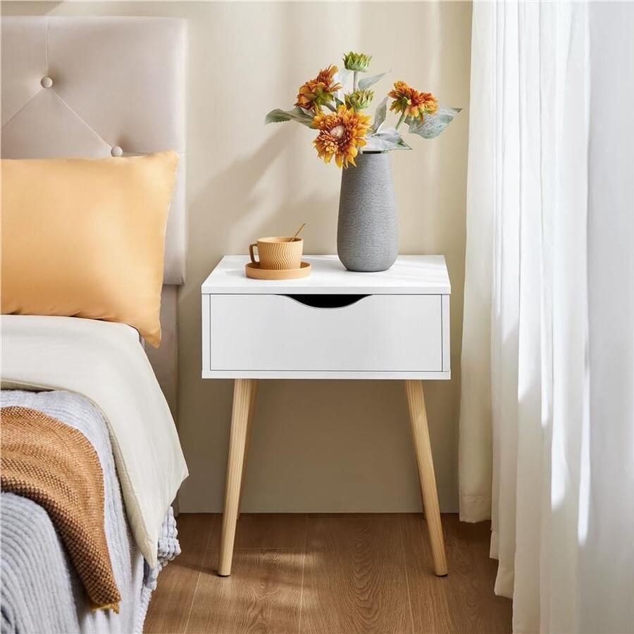 Nachtkastje Scandinavisch bijzettafel grenenhout stoffen lade massief commode dressoir salontafel met 4 poten wit