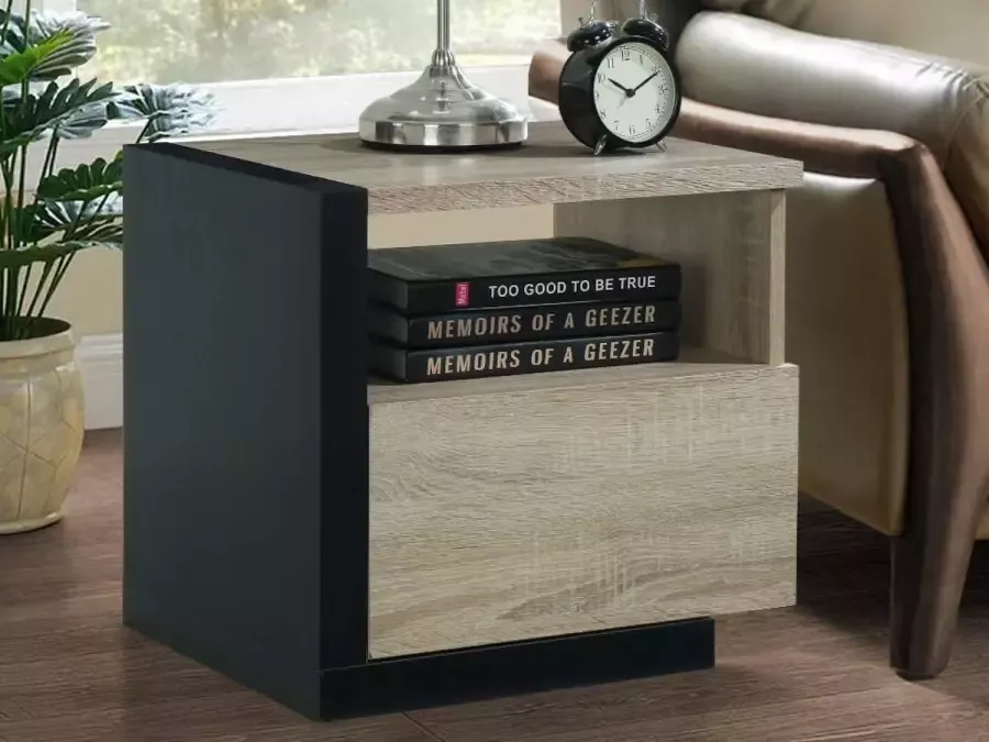 Nachtkastje Scandinavische stijl NAPOLI 1 lade Naturel en zwart L 46.4 cm x H 43 cm x D 38.8 cm - Foto 2