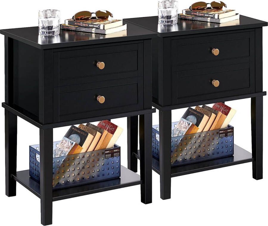Nachtkastje set van 2 bijzettafel commode zwart hout 45 x 35 x 61 cm nachtkastje met 2 laden en 1 legplank