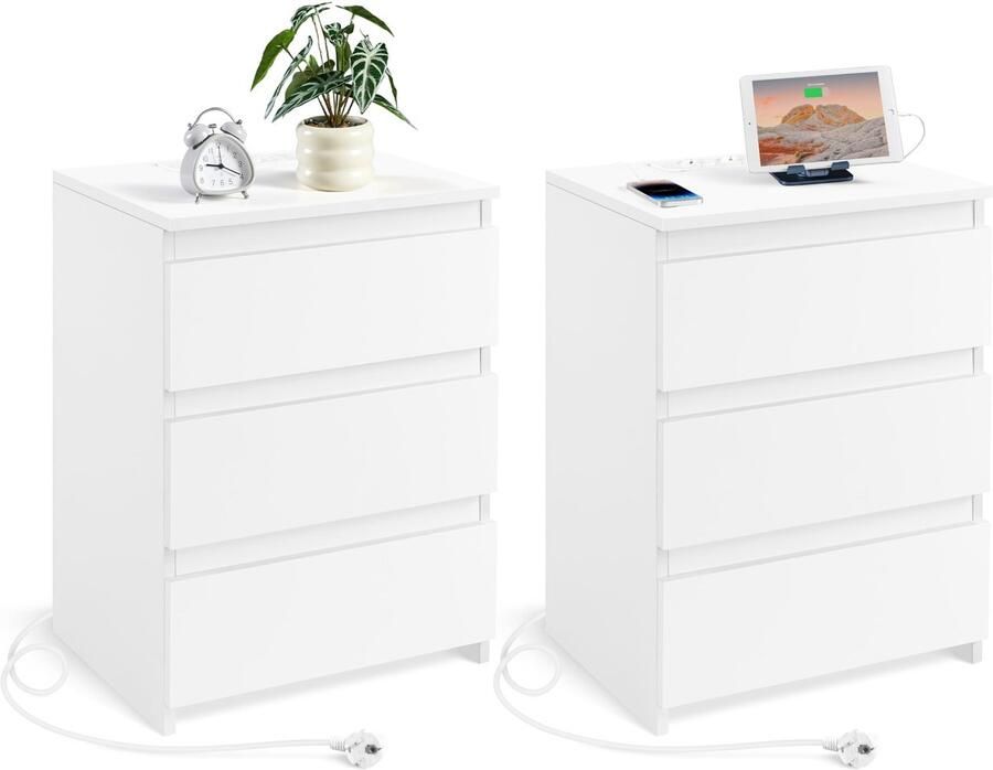 Nachtkastje set van 2 bijzettafel met 2 AC-stopcontacten 2 USB-poorten en 3 laden boxspringbed nachtkastje voor slaapkamer en woonkamer wit