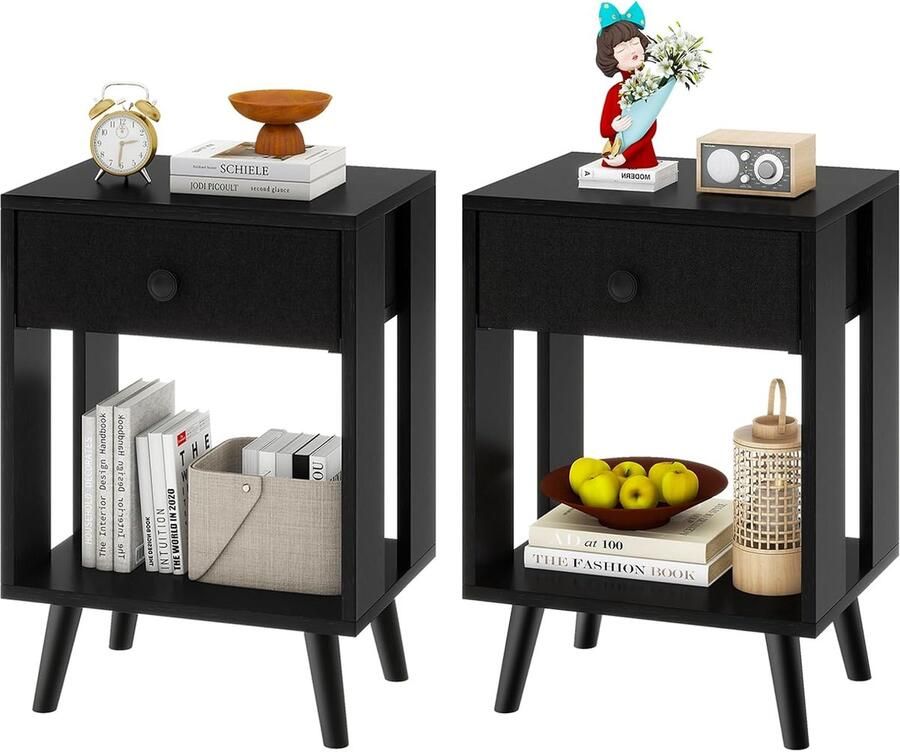 Nachtkastje set van 2 bijzettafel nachtkastje stoffen laden en open vak massief houten poten modern eenvoudige montage voor slaapkamer en woonkamer zwart