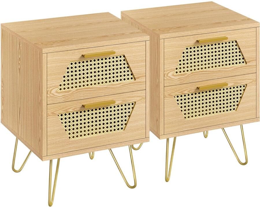 Nachtkastje set van 2 bijzettafels met 2 laden rotan nachtkastje metalen poten banktafel salontafel voor slaapkamer lichtbruin
