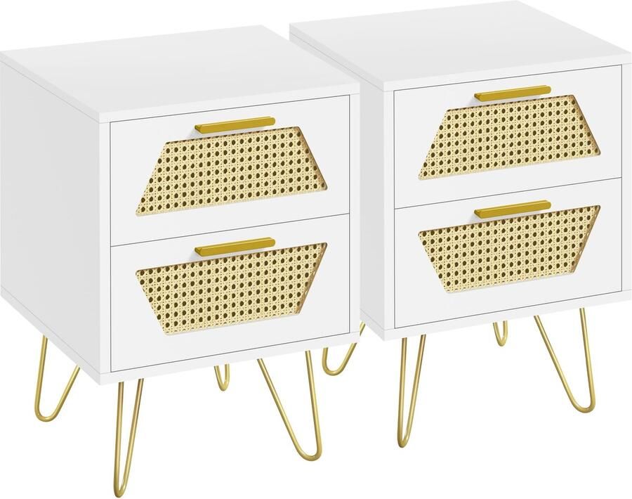 Nachtkastje set van 2 bijzettafels met 2 laden rotan nachtkastje metalen poten banktafel salontafel voor slaapkamer wit