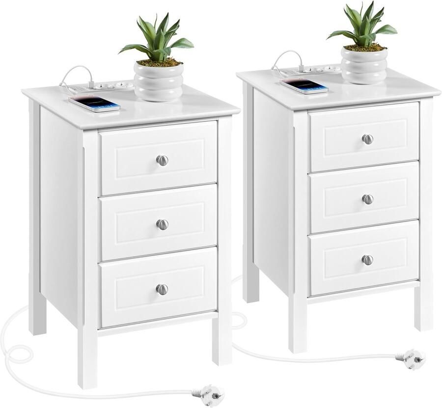 Nachtkastje Set van 2 – Bijzettafels met Laadstation en 3 Laden Praktisch voor Boxspringbed Slaapkamer of Woonkamer – Wit
