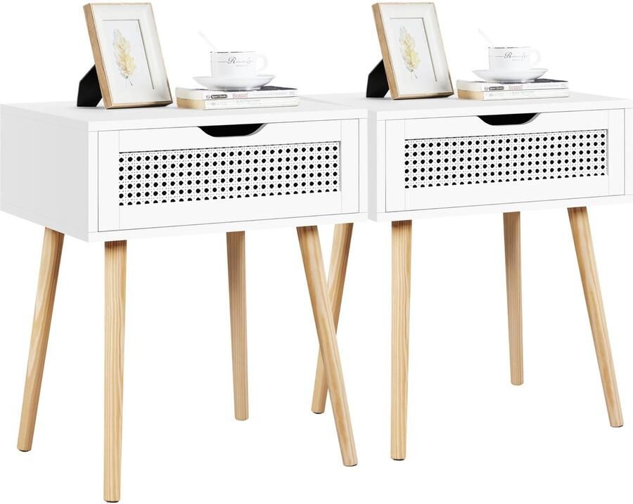 Nachtkastje set van 2 bijzettafels ratten nachtkastje met lade eenvoudige boxspringbed nachtkastje houten poten sofatafel nachtkastje 48 5 cm L × 41 cm B × 57 5 cm H wit