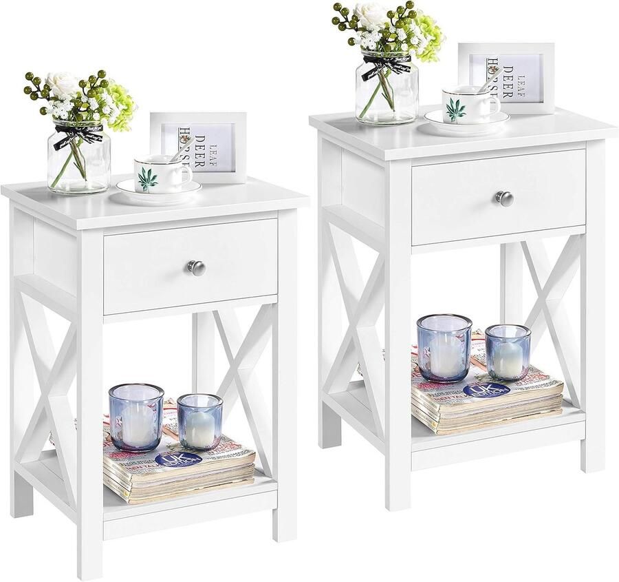 Nachtkastje Set van 2 met 1 Lade en Open Opbergvak X-vormige Steunpoten Moderne Houten Bijzettafel voor Slaapkamer of Woonkamer
