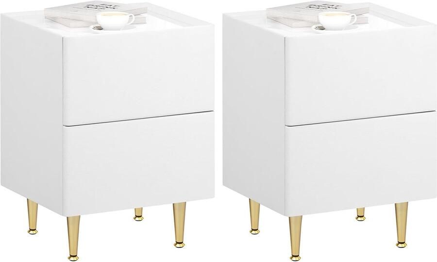Nachtkastje set van 2 met 2 laden bijzettafel nachtkastje hoogglans 35 x 40 x 51 cm modern nachtkastje voor slaapkamer eenvoudige montage hout pvc + metaal wit + goud NTS10ws03-2