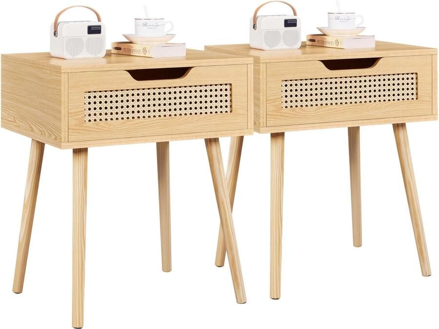 Nachtkastje set van 2 met lade bijzettafel ratten nachtkastje houten poten nachtkastje banktafel boxspringbed nachtkastje 48 5 cm L × 41 cm B × 57 5 cm H lichtbruin