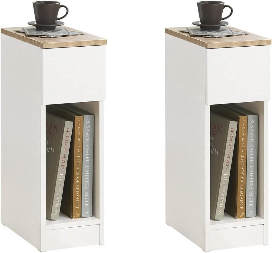Nachtkastje Set van 2 met Lade Multifunctioneel en Smal Wit Ideaal voor Slaapkamer en Woonkamer