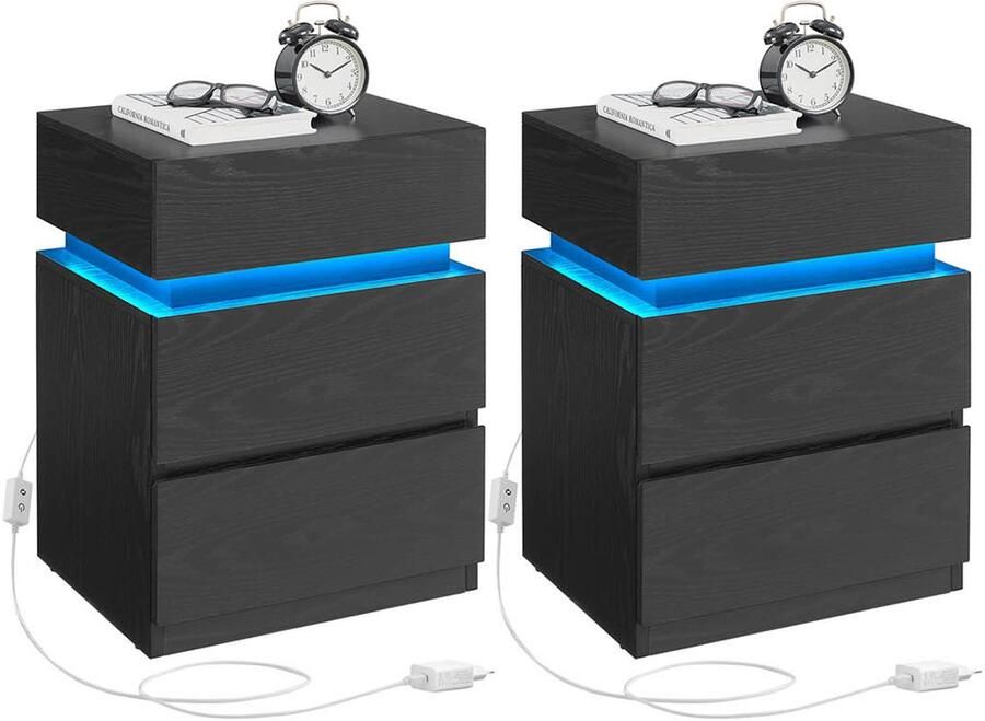Nachtkastje set van 2 met LED-verlichting en 3 zwarte lades