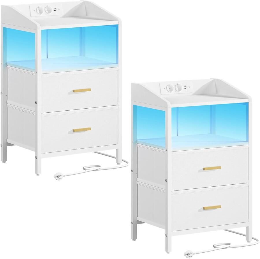 Nachtkastje Set Van 2 Met LED-Verlichting En Laadstation – Voor Slaapkamer – Wit – Spaanplaat En Metaal – 30x40x66 cm – 2 Stoffen Lades En Planken – USB En Stopcontact – Modern Design – Eenvoudige Montage