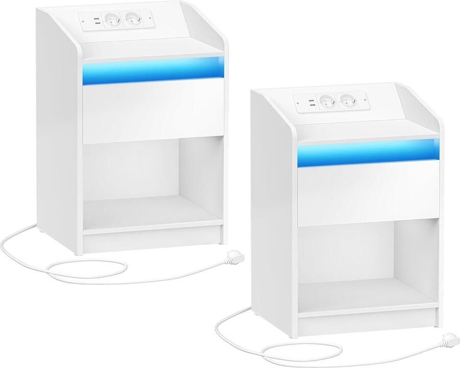 Nachtkastje Set van 2 met LED Verlichting en Oplaadstation Multifunctionele Bijzettafel met USB Poorten en Opberglade