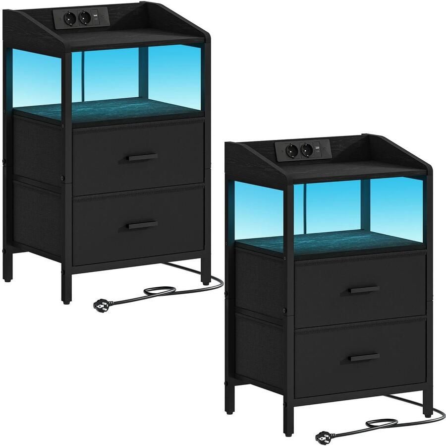 Nachtkastje Set van 2 Met LED Verlichting Met Laadstation Met USB Ingang Met Stopcontact Met Lade Met Plank Zwart