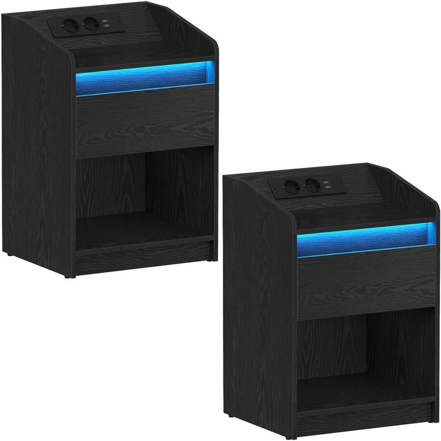 Nachtkastje Set van 2 Met LED Verlichting Met USB Ingang Met Stopcontact Met Oplaadstation Met Lade Met Plank Zwart