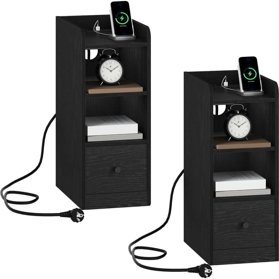 Nachtkastje Set van 2 Met Oplaadstation Met Stopcontact Met USB & C Poort Met 2 Lades Zwart