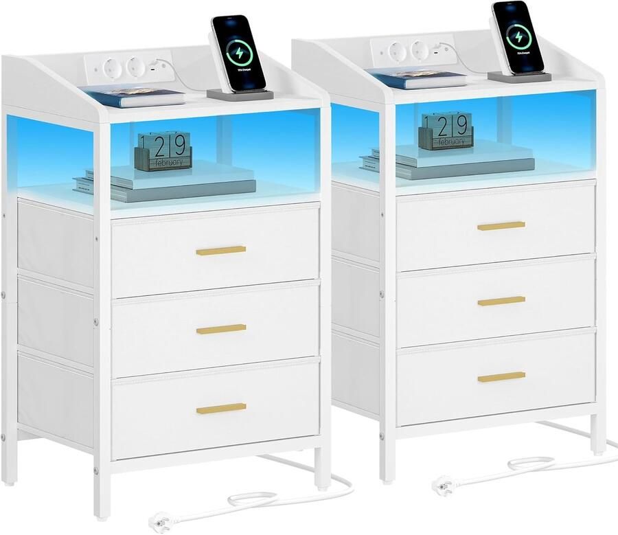 Nachtkastje set van 2 – Moderne bijzettafel met LED-lamp USB-poorten en stopcontacten wit