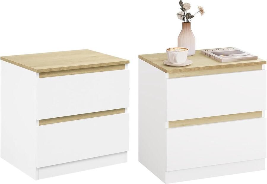 Nachtkastje set van 2 nachtkastje met 2 laden nachtkastje bijzettafel modern voor slaapkamer en woonkamer 40 x 41 x 30 cm van hout wit licht eiken