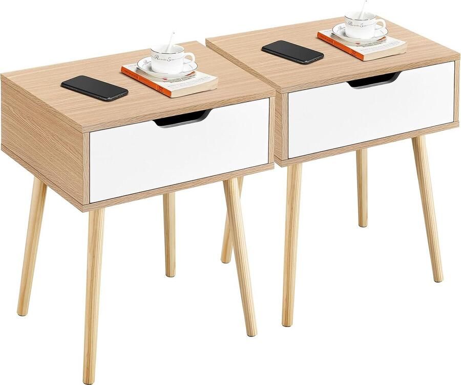 Nachtkastje set van 2 bijzettafeltjes met lade houten poten banktafel nachtkastje boxspringbed nachtkastje voor slaapkamer woonkamer lichtbruin