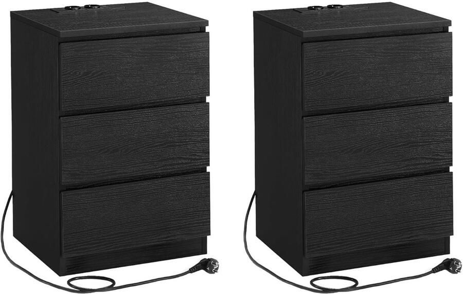 Nachtkastje set van 2 Slaapkamer Modern Ebbenhout zwart 3 lades Met stopcontact