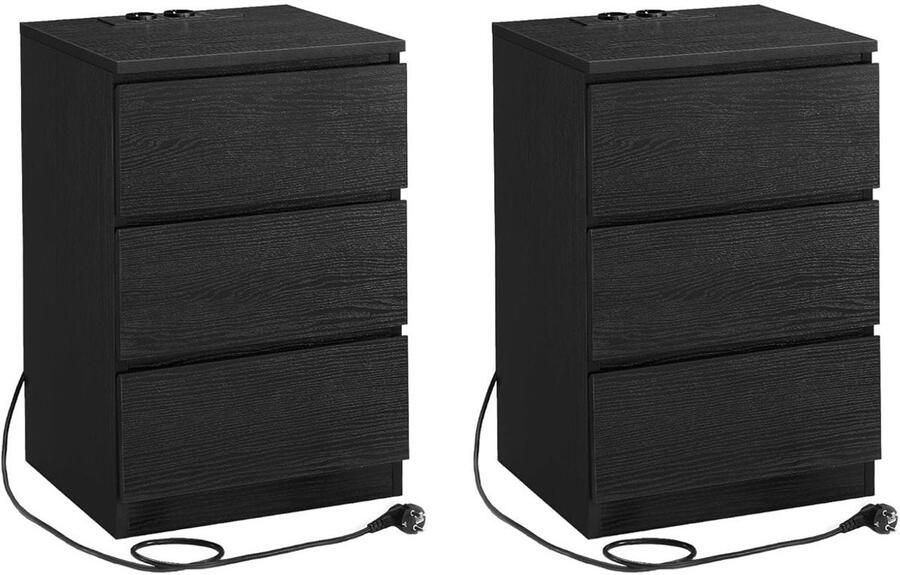 Nachtkastje set van 2 Slaapkamer Modern Ebbenhout zwart 3 lades Met stopcontact