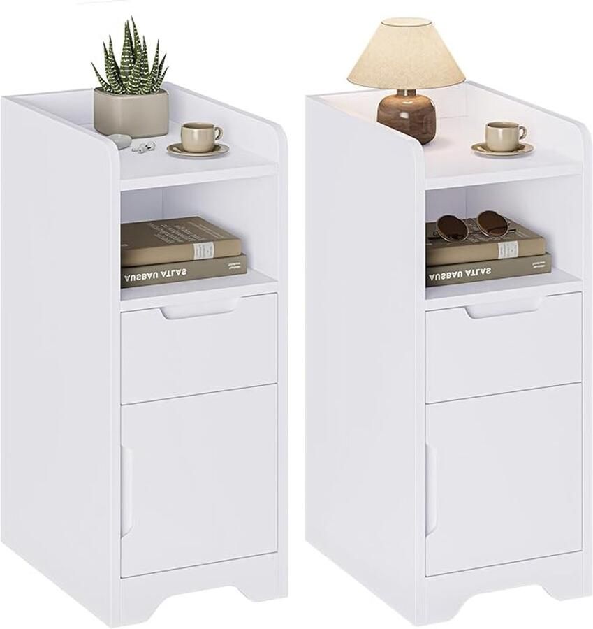 Retadou Nachtkastje set van 2 smal nachtkastje set van 2 met 1 open vak 1 lade en 1 kast met deur bijzettafel smalle banktafel nachtstand voor slaapkamer en woonkamer wit